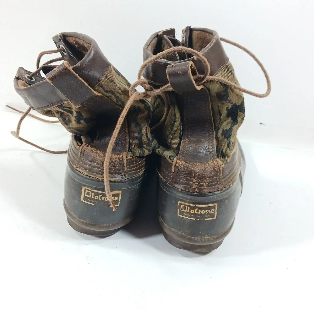 LaCrosse Vintage Duck Boots Mens Tiger Stripe Camo Rubber Waterproof Made in USA